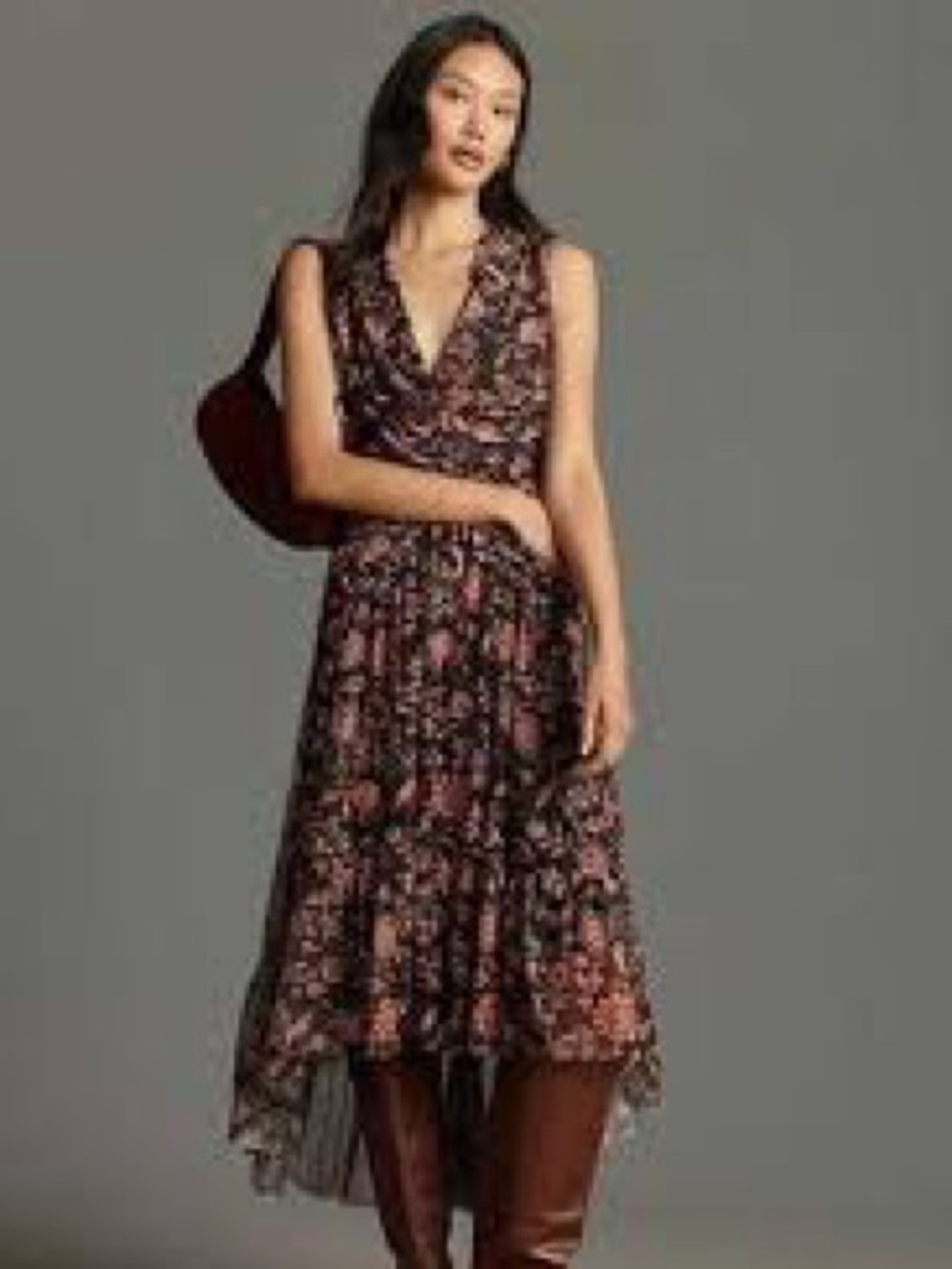 Anthropologie Floral Ruched V-Neck Sleeveless Maxi Dress - Black with Blush